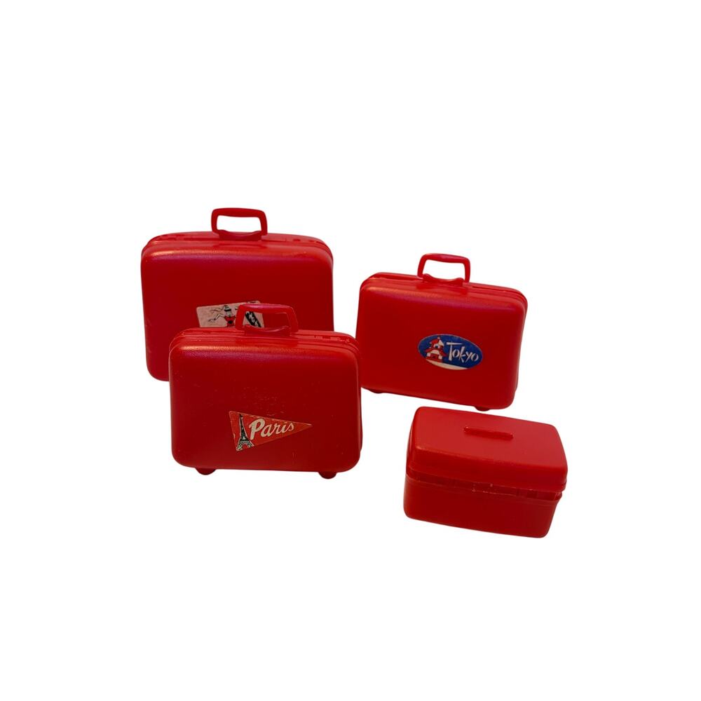 VTG Barbie Samsonite Luggage Set of 4. red plastic. original stickers, 1960s